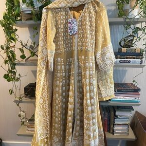 Pakistani Yellow and White Embroidered Long Sleeve Dress